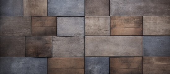 A wall constructed using an assortment of tiles, including concrete and wood, creating a unique texture and design. Each tile type stands out, showcasing its specific pattern and color.