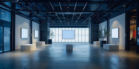 Modern Art Gallery with Blank White Square Screens and Minimalist Decor, To promote a modern art gallery and technology showcase event