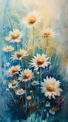 Watercolor painting of vibrant daisies on a soft blue background, To provide a high-quality and expressive piece of art featuring a field of daisies,