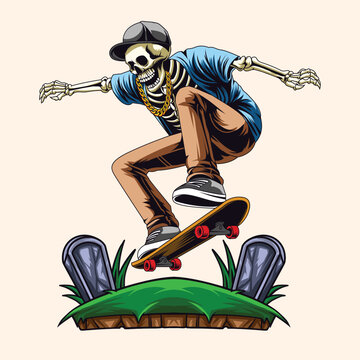 Illustration Skull Skateboard Trick Vector