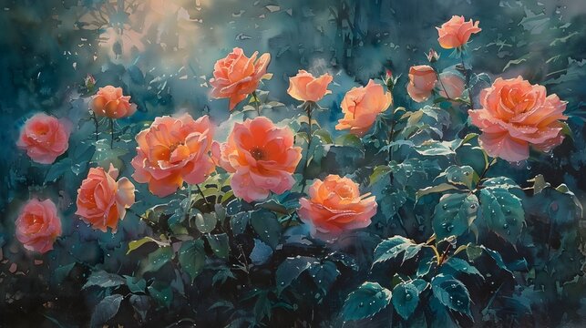 Painting of Vibrant Pink and Orange Roses in Full Bloom, To add a touch of nature and beauty to any design project