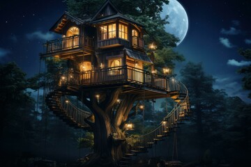 Rustic Night tree house. Fantasy forest. Generate Ai