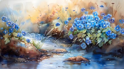 Watercolor Serenity Blue Pansy Flowers Thrive by a Sunlit Stream