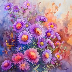 Fototapeta premium Vibrant Autumn Asters Watercolor Painting, This watercolor painting of asters in autumn is perfect for capturing the essence of falls beauty and
