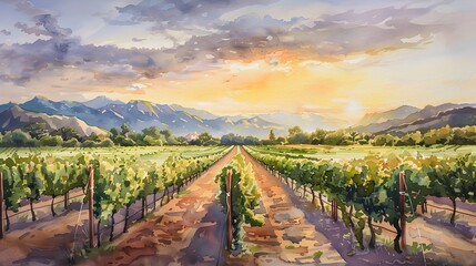 Watercolor Vineyard at Sunset with Rows of Grapevines and Mountains in the Background, To evoke a feeling of peace, tranquility, and relaxation with