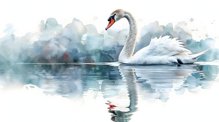 A white swan is swimming in a body of water - obrazy, fototapety, plakaty