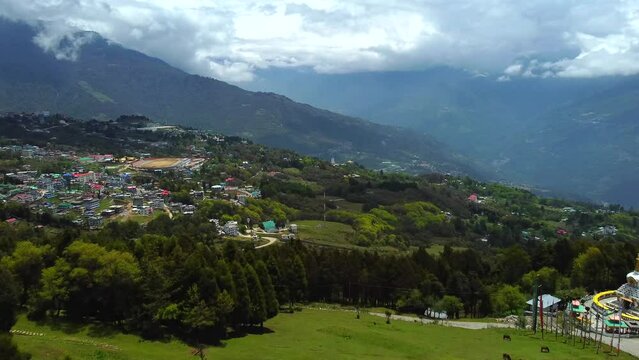 Aerial view tawang town in arunachal pradesh in India. Landscape mountains of himalayas of arunachal pradesh.