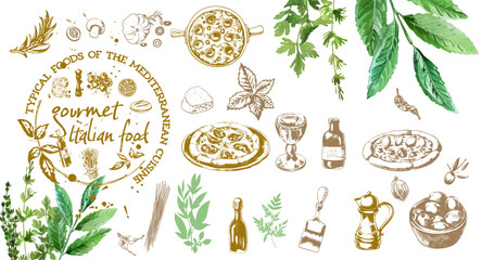 Gourmet Italian food set - Italy, vector design of typical foods of mediterranean cuisine. Herbs of italian cuisine with elements of food such as pizza, pasta, antipasti and vegetables.