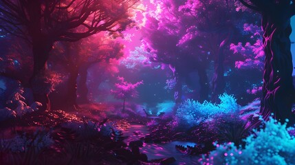 Fototapeta na wymiar Neon Flora Abstract Forest Emanating Ethereal Glows in a Mystical Landscape