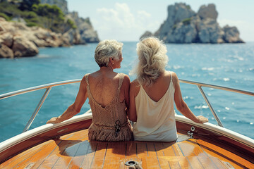 An older couple on a yacht enjoying the sea views.