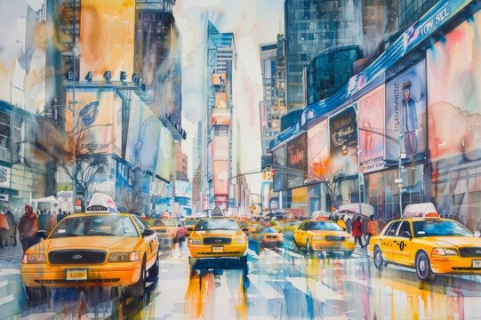Watercolor illustration of a busy New York street. which has a yellow taxi Various pedestrians