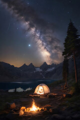 Fototapeta na wymiar Friends camping with campfire, gazing at Milky Way. Generated AI