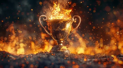 A glowing golden trophy cup ablaze with fire, symbolizing victory and outstanding achievement on a dark background. - obrazy, fototapety, plakaty