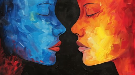Colorful abstract painting of two faces about to kiss