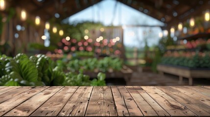 Weathered wooden table in sharp focus with a blurred rustic farm and pasture background.