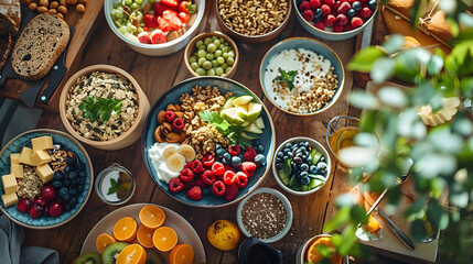 A photo featuring a nutritious breakfast spread. Highlighting the colorful array of fresh fruits, whole grains, and dairy products