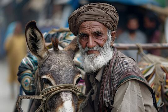Old Age Pakistani Man Steering Donkey Cart Along Busy Street