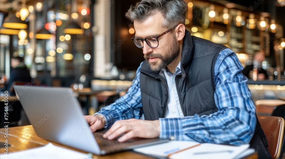 Poster man sitting at table using laptop computer