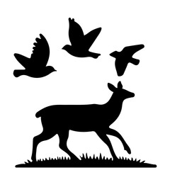 silhouette of a deer and birds