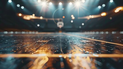 Gleaming Court under Arena Lights, captivating angle of a basketball court, its polished floor...