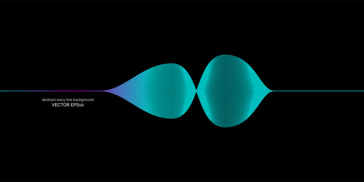 Abstract wavy dynamic blue green parple light lines curve banner on black background in concept technology, neural network, neurology, science, music, neon light.