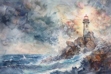 Watercolor painting of a weathered lighthouse atop a cliff.