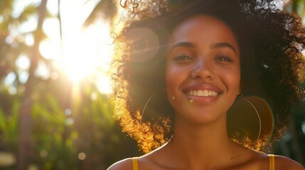Smiling young woman enjoying golden hour sunshine outdoors