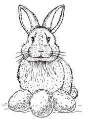 Easter Bunny. Cute white rabbit with easter eggs. Graphic image of a rabbit in sketch style on a white background. Vector graphics. Easter Holiday. Hand Drawn Illustration.