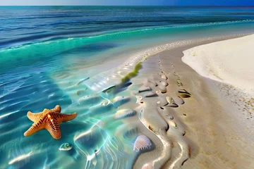 Fototapete Rund A tropical island coastline: sandy beaches, crystal-clear waves, scattered shells, and colorful starfish. Welcome to paradise, where exotic wonders await © Zakir