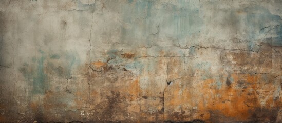 A weathered wall with peeling paint, revealing layers of different colors underneath. The aged surface shows signs of wear and tear, creating a textured and worn appearance.