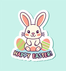 Happy Easter rabbit. Bunny with egg for kids. Rabbit or hare, spring festival animal. Cute bunny sticker. Cartoon holiday decent vector character. Vector illustration on transparent background.