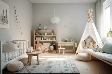 Cozy Nursery room interior scandinavia. Modern indoor. Generate Ai