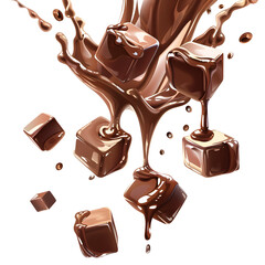 Chocolate Cubes Raining Down with Liquid Chocolate Drips on White Background  isolated on PNG transparent background.