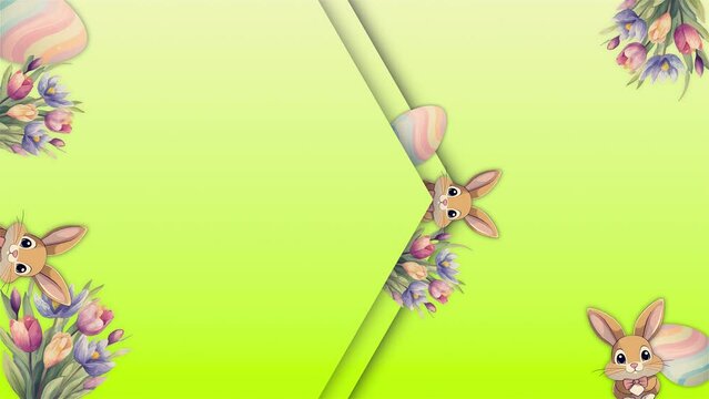 Several easter spring scene opener intro animations with bunnys, flowers and eggs on a yellow green gradient colored background, copy space, concept, ideas, 4k