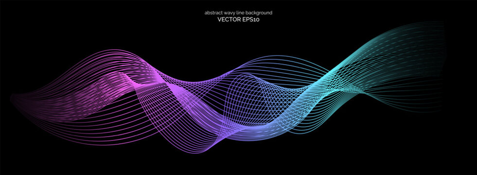 Abstract wavy dynamic blue green parple light lines curve banner on black background in concept technology, neural network, neurology, science, music, neon light.