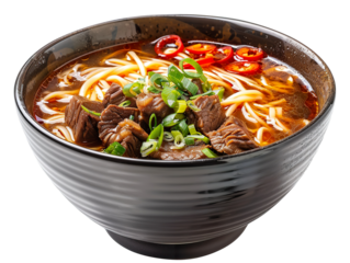 a bowl of chinese style beef - shank noodle soup isolated. Solid white background PNG