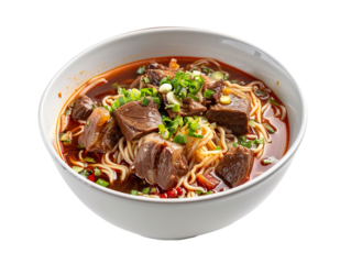 a bowl of chinese style beef - shank noodle soup isolated. Solid white background PNG
