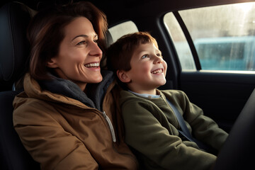 Mother and son inside a car