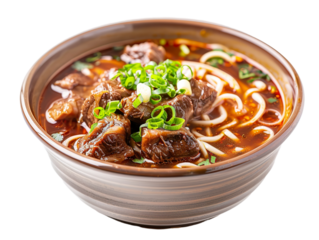 a bowl of chinese style beef - shank noodle soup isolated. Solid white background PNG