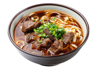 a bowl of chinese style beef - shank noodle soup isolated. Solid white background PNG