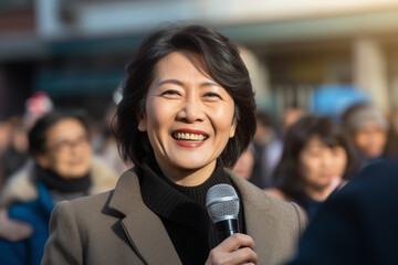 Middle aged Chinese woman at outdoors as a reporter holding a microphone and reporting news - obrazy, fototapety, plakaty