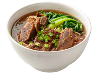 a bowl of chinese style beef - shank noodle soup isolated. Solid white background PNG