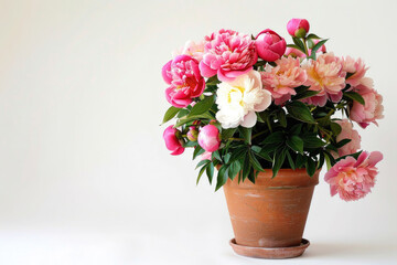 Obraz na płótnie Canvas Beautiful peonies arranged in a clay pot against a white background