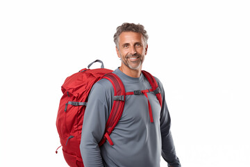 Middle aged man over isolated white background with mountaineer backpack - 754845896