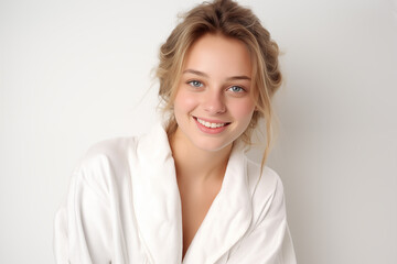 Fototapeta premium Young pretty blonde girl over isolated white background in a bathrobe