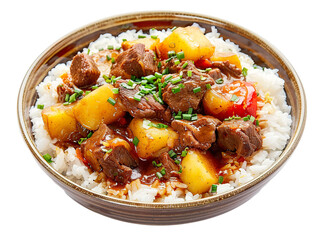 stew beef and potato on top of steam rice in a round isolated. Solid white background PNG