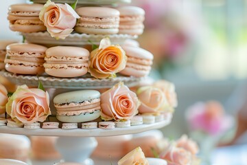 Obraz na płótnie Canvas pastel color macaroons stacked in pyramid shape with roses at a wedding reception