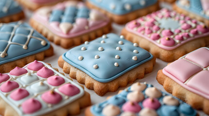 A close-up of easter square cookies with pink and blue icing.