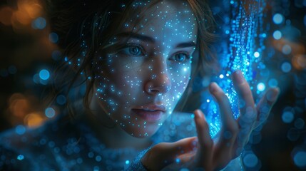 A girl connecting with big data waves. Big data and technology concept