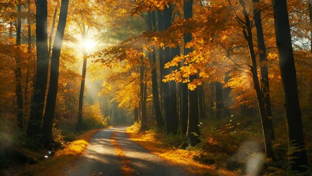 Close-Up of Forest Road, Autumn Themed Nature Background. with the sun shining through the tree cavity. Seamless looping 4k video animation.